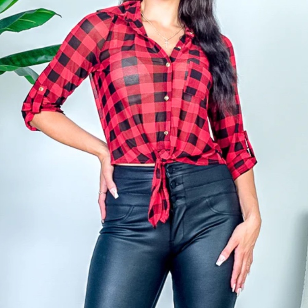 Black and Red Plaid Tie Front 3/4 Sleeve Top - Picture 2 of 12